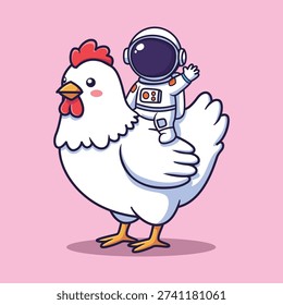 Cute Vector Astronaut Riding Chicken Cartoon Space Farm Illustration