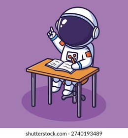 Cute Vector Astronaut Studying at Desk Cartoon Space Education Illustration