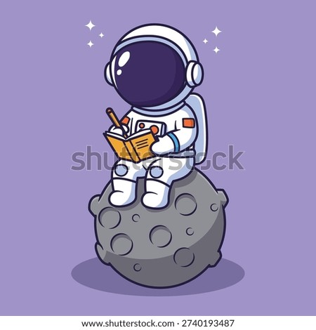 Cute Vector Astronaut Writing Notebook on Moon Cartoon Space Illustration
