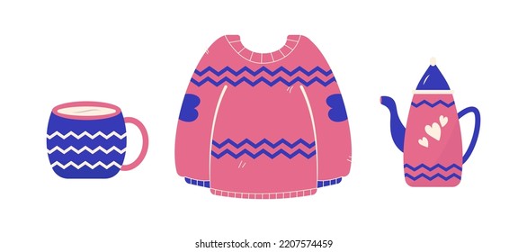 Cute vector autumn collection. Sticker set sweater, pumpkin, teapot, kettle, cup. Warm season set. Cozy season winter and autumn	