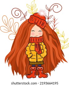 Cute vector autumn girl. Redhead girl. Ginger pretty girl. Hand drawn vector girl in puffer and red rubber boots. vector gumboots