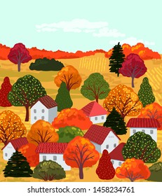 Cute vector autumn illustration with rustic landscape.