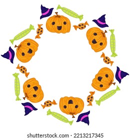 Cute vector autumn mandala with Halloween pumpkins,candies on white background.Hand drawn vector illustration.