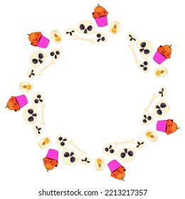 Cute vector autumn mandala with Halloween pumpkin cupcakes,skull and Bones, candles on white background.Hand drawn vector illustration.