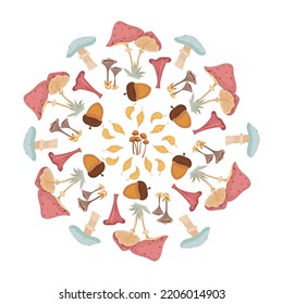Cute vector autumn mandala with leaves, candles,pumpkin drinks,mushrooms, baskets, pumpkins on white background.Hand drawn vector illustration for coloring page and artbooks for adults and kids.