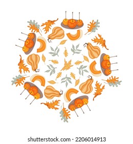 Cute vector autumn mandala with leaves, candles,pumpkin drinks,mushrooms, baskets, pumpkins on white background.Hand drawn vector illustration for coloring page and artbooks for adults and kids.