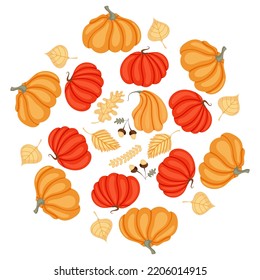 Cute vector autumn mandala with leaves, candles,pumpkin drinks,mushrooms, baskets, pumpkins on white background.Hand drawn vector illustration for coloring page and artbooks for adults and kids.