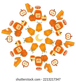 Cute vector autumn mandala with autumn pumpkins,apple, jam,moon on white background.Hand drawn vector illustration.