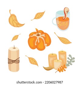 Cute vector autumn set with candles, pumpkin punch, pumpkin-shaped candle, leaves. Hand drawn vector illustration for greeting cards, posters, stickers and seasonal design.
