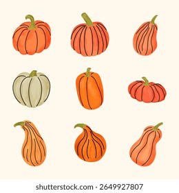 Cute vector autumn set of watercolor pumpkins, squash set, fall harvest elements. Perfect for Thanksgiving, Halloween, and rustic seasonal designs