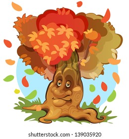 cute vector autumn tree at green meadow