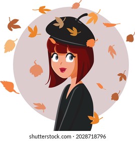 Cute Vector Autumn Woman Wearing A Beret. Elegant Young Teen Girl Wearing Fashionable Fall Clothes And Accessories
