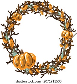 Cute vector autumn wreath with different sizes pumpkins, leaves and branches. Isolated illustration on white background.