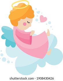 Cute vector baby angel character with wings, cloud, heart, star. Nursery art, valentine's day