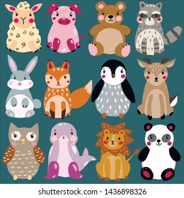 Cute vector baby animals clipart set of 12 pieces. Can be used for designing goods for children, postcards, stickers etc.