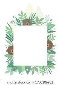 Cute vector baby bears frame, jungle theme. Summer frame with animals for kids or baby birthday invitation.