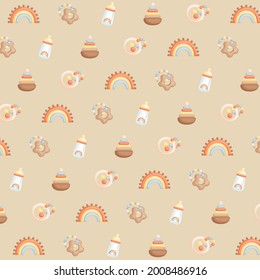 A Cute Vector of Baby Boy Classic Boho Items and Toys Background