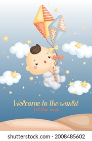 A Cute Vector of Baby Boy with Kites at the Sky Welcome Card 