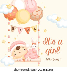 A Cute Vector of Baby Girl Arrival Card with Balloons
