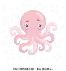 cute vector baby pink octopus surrounded by pink bublles