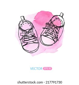 Cute vector baby sneakers on watercolor background