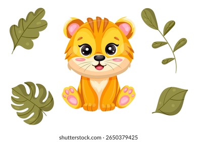 Cute vector baby tiger surrounded by green tropical leaves on a white background. Adorable children's illustration, perfect for nursery decor, baby products, postcards, prints, and invitations.