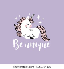 Cute vector baby unicorns with flowers and text. Perfect for tee shirt logo, poster or card design. 