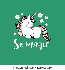 Cute vector baby unicorns with stars and text. Perfect for tee shirt logo, poster or card design. 