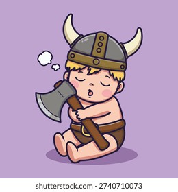 Cute Vector Baby Viking Hugging Axe Cartoon Warrior Illustration