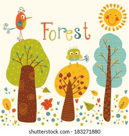 Cute vector background with colorful trees and birds.Cartoon forest. Outdoor concept seamless pattern. Children room design. 