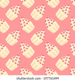 Cute vector background with cupcakes. Cupcakes with sweet hearts.