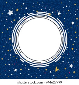 Cute vector background with deep blue sky, stars, hearts, snow. Winter night. Works well as element for poster, print, greeting card, different childish accessories. Astronomical design. Circle label