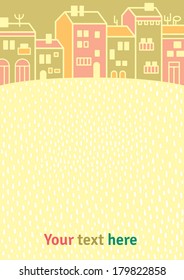Cute vector background with doodle city. Postcard with place for text.  Ecology conception. Happy town. Hand drawn illustration.