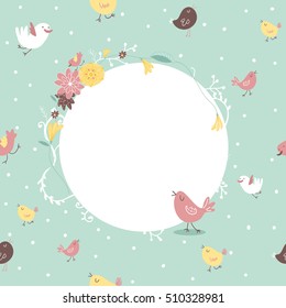 Cute vector background with empty place for your text. Birds and flowers on the green background.