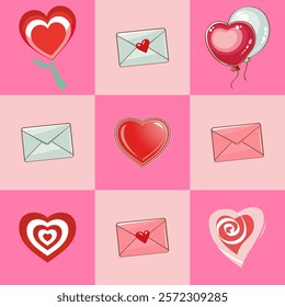 Cute vector background featuring hearts, envelopes, balloons in pink and red. Trendy geometric shapes in retro style. Template Perfect for Happy Valentine’s Day designs, card, poster or backgrounds. 