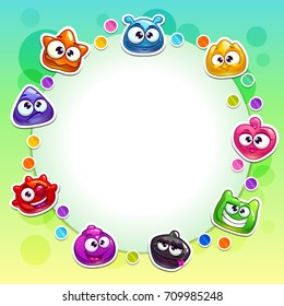 Cute vector background with funny colorful jelly monsters. Cartoon childish banner with place for your text.