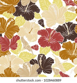 Cute vector background. Graphic modern pattern. Seamless abstract floral pattern in brown, beige and white colors. Seamless pattern with hibiscus flowers. Geometric leaf ornament.