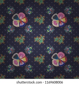 Cute vector background. Graphic modern pattern. Seamless abstract floral pattern in blue, violet and brown colors. Seamless pattern with cosmos flowers. Geometric leaf ornament.