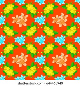 Cute vector background. Graphic modern pattern. Seamless pattern with hibiscus flowers. Geometric leaf ornament. Seamless abstract floral pattern on a orange background.