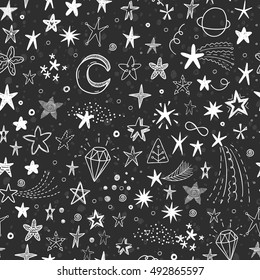 Cute vector background with hand drawn doodle funny stars, comets and moon