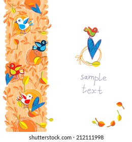 Cute vector background with heart. Autumn floral card with cute birds, leaf fall and branch. Vertical page design. Perfect for unusual invitations and birthday cards.