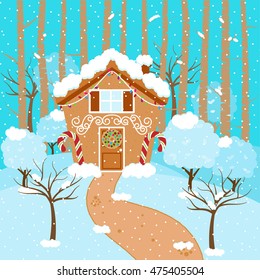 Cute Vector Background with Holiday Gingerbread House, Snow and Forest