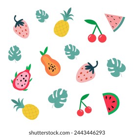 Cute vector background. Illustration of bright summer fruits, strawberry, cherry, watermelon, papaya, pineapple, dragon fruit