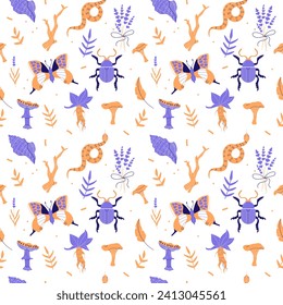 Cute vector background with insects, mushrooms, plants on white background