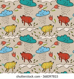 Cute vector background with pigs and clouds.