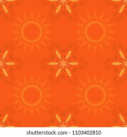 Cute vector background. Print for fabric and paper. Seamless pattern with mandalas in orange, yellow and beige colors.