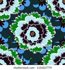 Cute vector background. Print for fabric and paper. Seamless pattern with mandalas in orange, red and blue colors.
