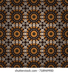 Cute vector background. Print for fabric and paper. Seamless pattern with mandalas in orange, black and white colors.