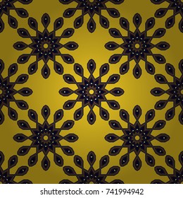 Cute vector background. Print for fabric and paper. Seamless pattern with mandalas in magenta, yellow and black colors.