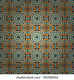 Cute vector background. Print for fabric and paper. Seamless pattern with mandalas in beige, brown and blue colors.